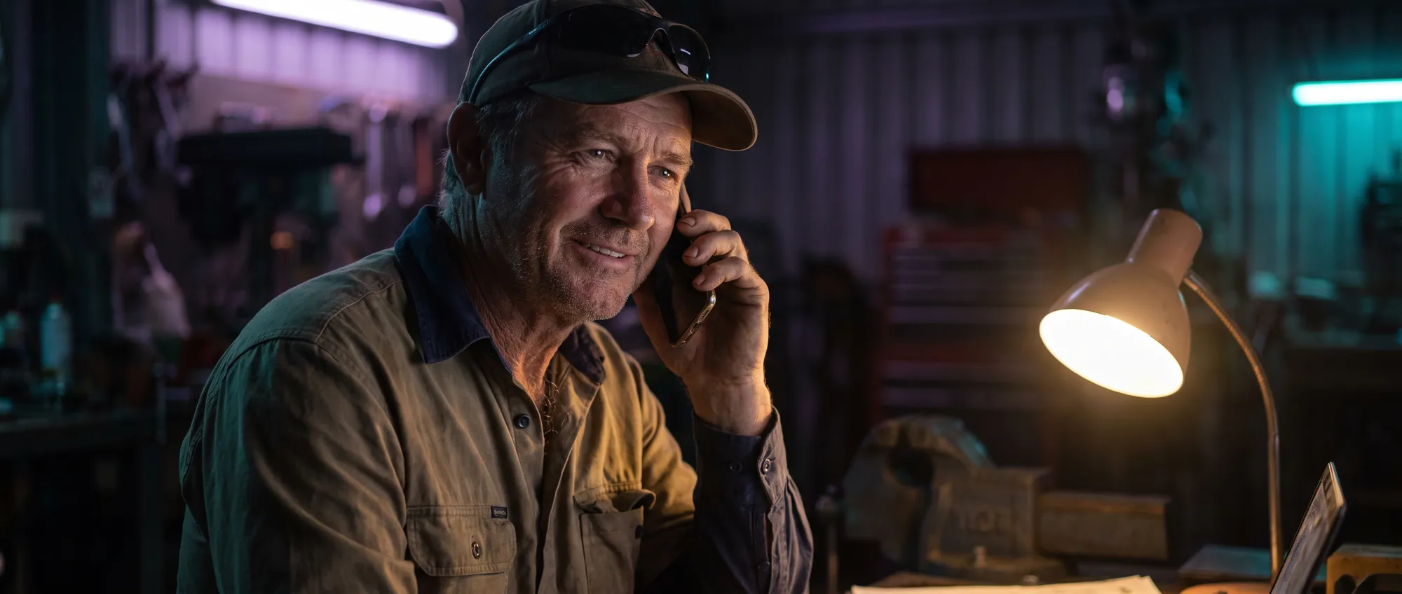Tradie taking a call from a new customer outside a job site