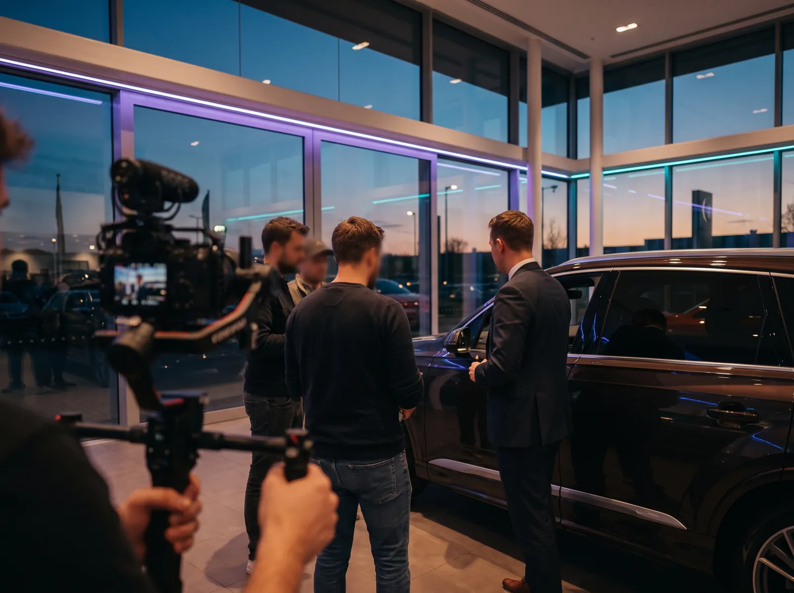 Videographer filming a car on a dealership forecourt