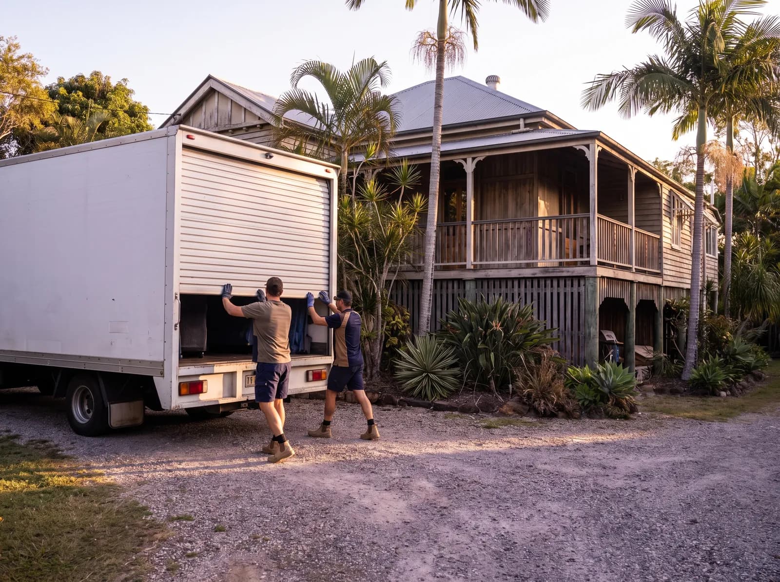 Movers carrying furniture down the stairs of a Queenslander home